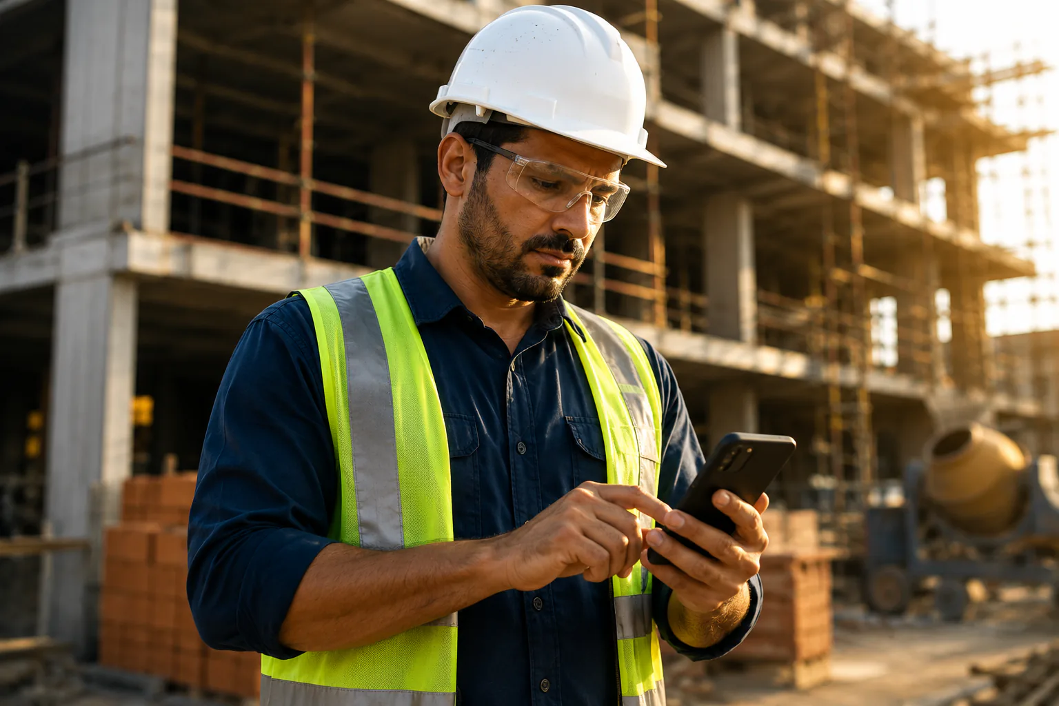 Profissional da construção utilizando o celular durante o trabalho em uma obra